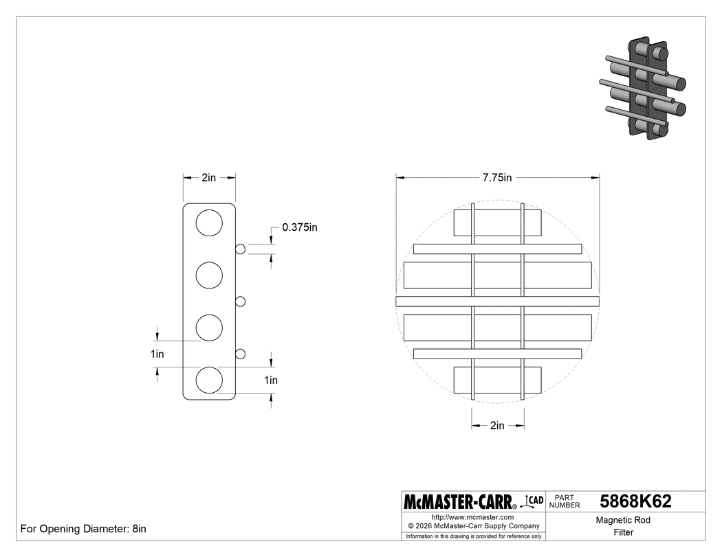 Technical Drawing of Magnetic Rod Filter, with Guide Rods, Round, 11.2 lbs. Magnetic Pull, 8" OD.